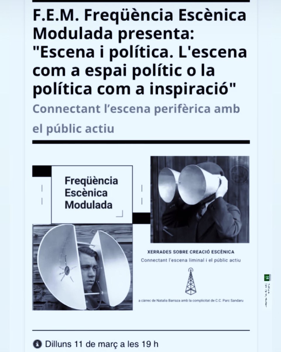 Aquest dilluns a les 19h estaré parlant  amb <a href="/ciacandida/">Cia candida fernandes</a> sobre POLITICA I ESCENA coordinats per <a href="/natalia/">natalia</a>.barrazaliberti a Freqüència Escènica Modulada: és una trobada entre les arts escèniques i el públic actiu al voltant de la creació contemporània al <a href="/ccparcsandaru/">@ccparcsandaru</a>