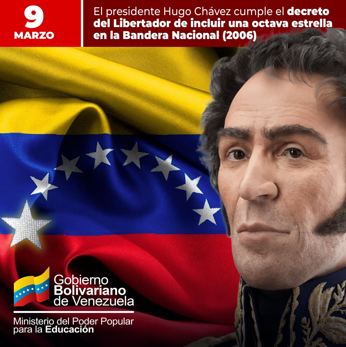Hace 18 años el comandante Chávez cumplió el sueño de Bolívar al incluir la octava estrella en el tricolor nacional. 

Ella representa la historia de valentía y lucha de la provincia de Guayana en la heroica gesta independentista. 
#PatriaAmadaVenezuela
<a href="/NicolasMaduro/">Nicolás Maduro</a>