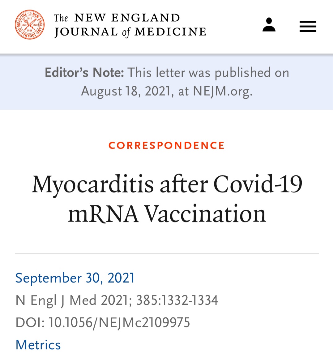rodriguezjorgel's tweet photo. En este artículo se describen dos casos de miocarditis confirmada histológicamente tras la vacunación con ARNm Covid-19.

La paciente 1, una mujer de 45 años sin pródromos víricos, presentó disnea y mareos 10 días después de la vacunación con BNT162b2 (primera dosis). Siete días después … fue dada de alta.

El paciente 2, un hombre de 42 años, presentó disnea y dolor torácico 2 semanas después de la vacunación con ARNm-1273 (segunda dosis). El paciente desarrolló un shock cardiogénico y falleció 3 días después de la presentación. La autopsia reveló miocarditis biventricular. Se observó  …, un hallazgo similar al del paciente 1.

En estos dos casos adultos de miocarditis fulminante confirmada histológicamente que se habían desarrollado en las 2 semanas siguientes a la vacunación con Covid-19, no se puede establecer definitivamente una relación causal directa porque no realizamos pruebas de genomas víricos o autoanticuerpos en las muestras de tejido. Sin embargo, no se identificaron otras causas mediante ensayo PCR o examen serológico.

- Miocarditis tras la vacunación con ARNm Covid-19