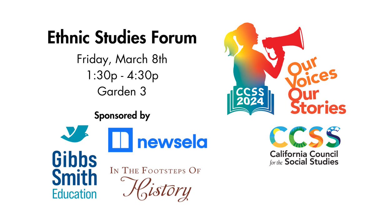 Thank you @GibbsSmithEd @Newsela and In the Footsteps of History for sponsoring our Ethnic Studies Forum. The room was full and the space provided for some valuable discussion and collaboration. #CCSS24