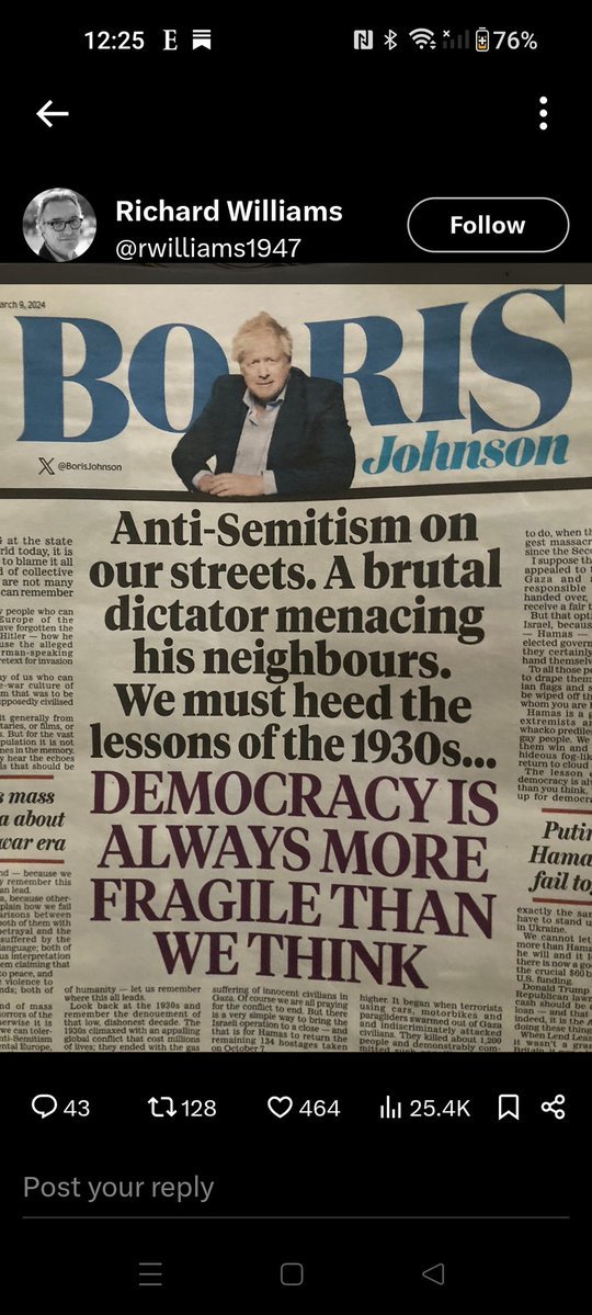 Tom___Scott's tweet photo. "Democracy is more fragile than we think" says the man who lied to the Queen in order to prorogue Parliament and has endorsed Donald Trump, who tried to violently overturn a US presidential election.

Boris Johnson is completely devoid of shame. https://t.co/yH1LJJYotm