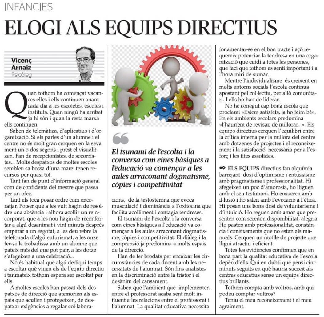 G R À C I E S! 

Fem tot el que comenta en <a href="/VicensArnaiz/">Vicenç Arnaiz Sancho</a> i molt més que no es veu, però poques vegades es reconeix. La feina a la direcció la fem per voluntariat i per vocació, no està gens valorada ni recompensada. 

Nosaltres ho donem tot, però què rebem a canvi? Gran pregunta.