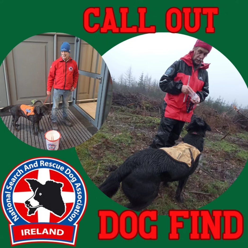 🚨 CALL OUT 🚨 # 9 ⚠️ DOG FIND ⚠️@Gardainsta in Waterford tasked SARDA Ireland to assist in the search for a missing person. Mick Grant with Ziggy and Helen Connolly with Rosie were tasked to the scene.  After searching the farm area Ziggy found the missing person alive.
