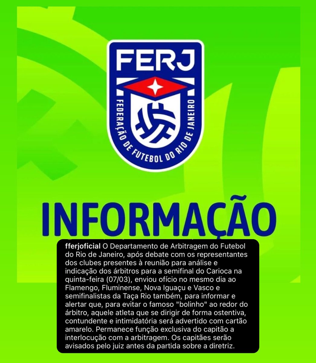 newscolina's tweet photo. FERJ informa que, para evitar o "bolinho" de jogadores em volta do árbitro, os jogadores que se dirigirem de forma 'ostensiva, contundente e intimidatória' serão punidos com cartão amarelo.

A federação ainda frisa que a função da interlocução com o juiz pertence ao capitão das equipes.