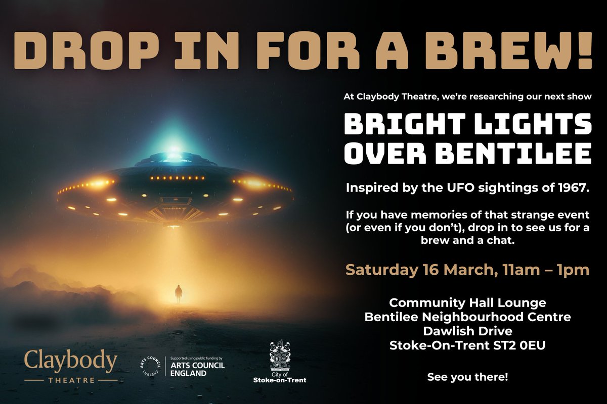 Come and meet the Team! Bentilee Neighbourhood Centre. Saturday 16 March, 11am - 1pm. We'd love to see you. (UFO stories welcome, but not compulsory) @ace_midlands @SoTCityCouncil @BBCRadioStoke @Matt_Lee_MPL @Sotlive @Pingviini72