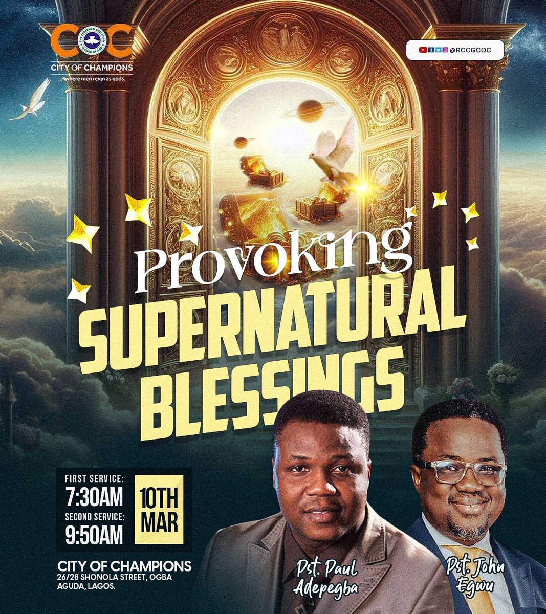 PROVOKING SUPERNATURAL BLESSINGS

Provoking Supernatural Blessings means stirring up Favour from God. 

Join us this Sunday for a truly divine experience as we delve into the heart of God’s message.

See you there!

#rccgcoc

#sundaysermon