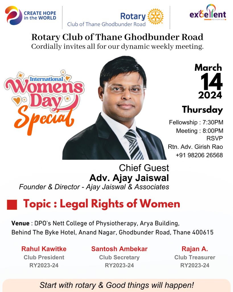 RIDistrict3142's tweet photo. Join us for a special session on Legal Rights of Women by Adv. Ajay Jaiswal, Founder &amp; Director of Ajay Jaiswal &amp; Associates, as we celebrate #InternationalWomensDay

All female members and their friends/family are invited! Let's empower and celebrate women together
#LegalRights https://t.co/AVfxkQCgkl