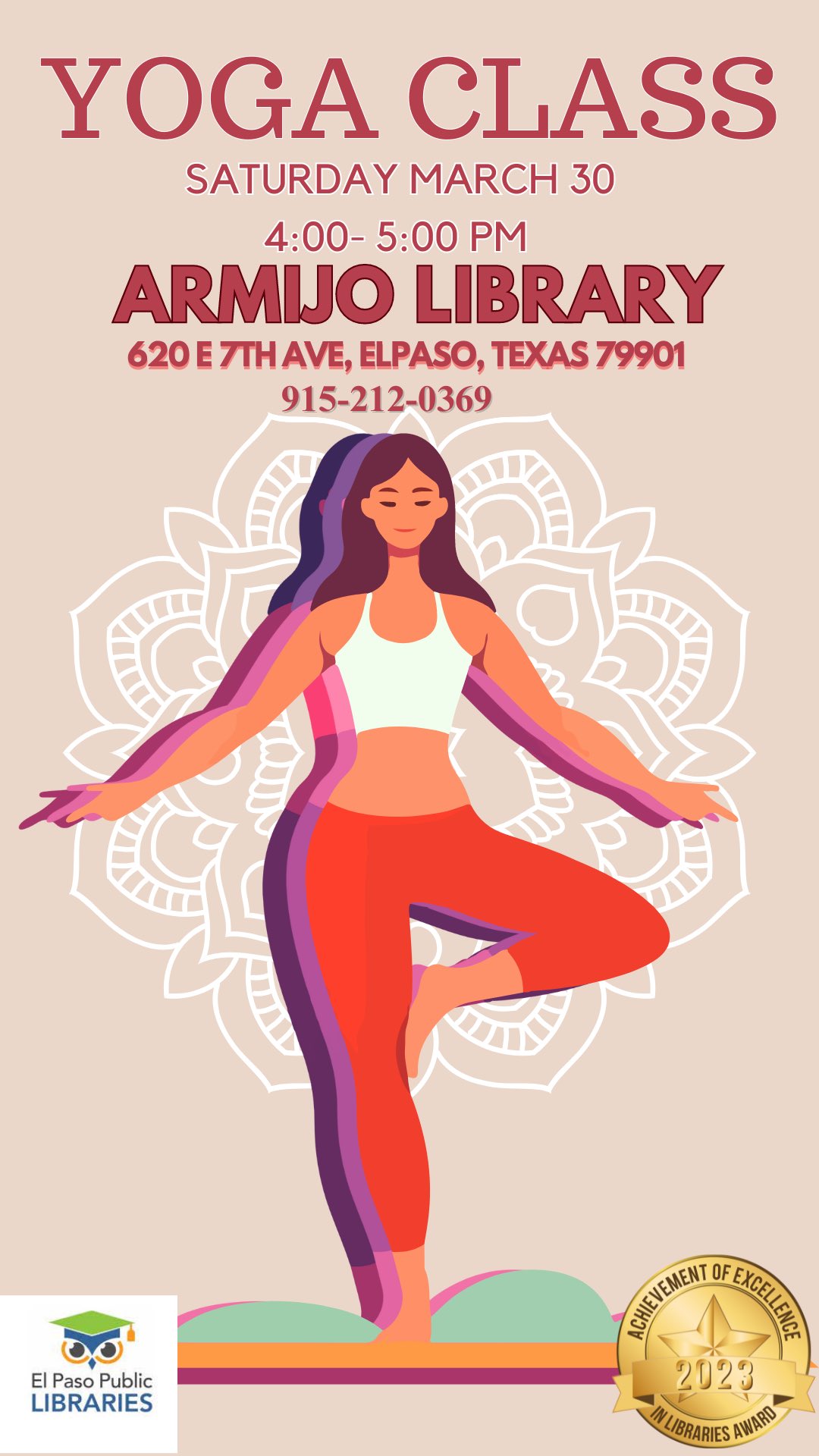 El Paso Public Library on X: NEW PROGRAM! Yoga class for beginners!  Attendees are being asked to bring a yoga mat and a bed sheet or towel that  can be folded to