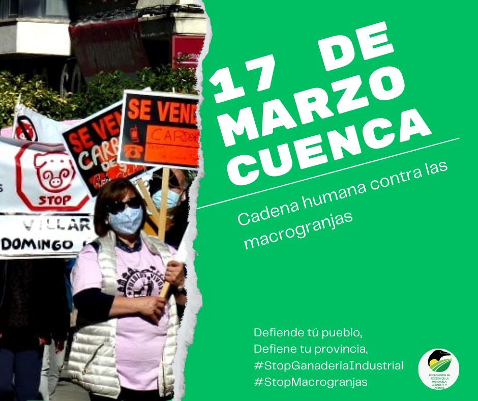 ¡EL PRÓXIMO 17 DE MARZO NOS SUMAMOS A LA CADENA HUMANA!

#StopMacrogranjas
#StopGanaderíaIndustrial
#PueblosVivos
#NiUnaLicenciaMás
#NiEnTuPuebloNiEnElMío