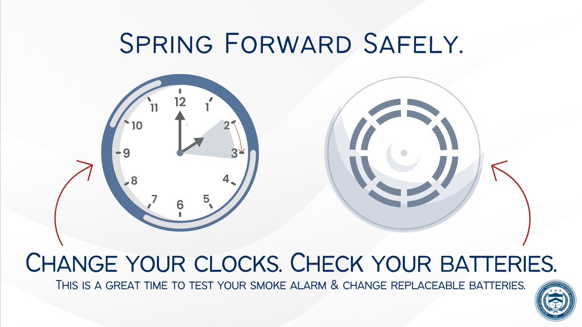 ATFHQ's tweet photo. Don't forget to spring forward and stay safe! Use the time change as a reminder to test your smoke alarms and replace batteries as necessary. For more info, visit https://t.co/wUhvyLkkru. https://t.co/okQcAQJVle