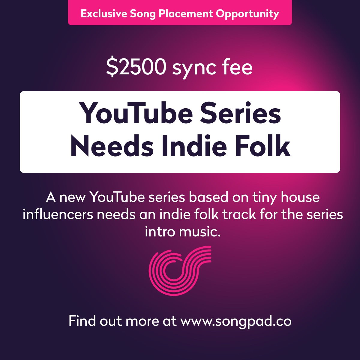 A new YouTube series based on tiny house influencers needs an indie folk track for the series intro music. Find out more at songpad.app #sync #syncopps