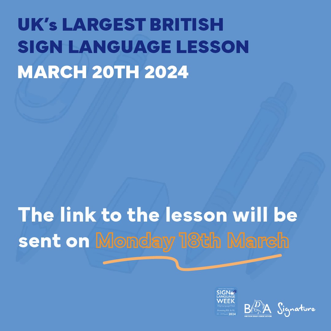 Everyone that has signed up will receive an email on Monday 18th March with the link needed to watch the BSL Lesson The lesson will go live at 10am on Wednesday 20th March during Sign Language Week You can still sign your school up here -uk.surveymonkey.com/r/BSL_lesson