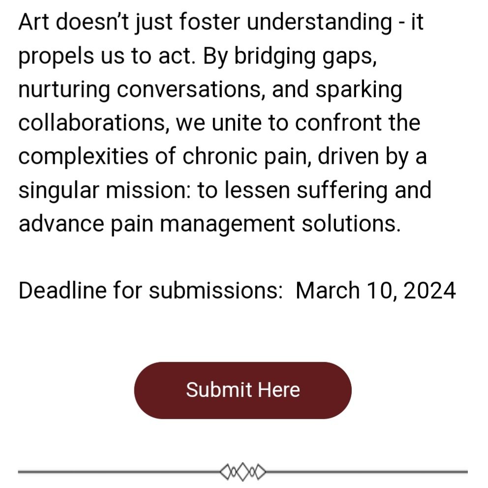 Last chance 💥 
If you live with #chronicpain - or research it, treat it, or are caregiver to someone living with #pain - this #artcontest for Canadians is for you ⤵️
The 2024 Art Awards of the Canadian Pain Society @canadianpainsociety 🍁
📌 10 Mar 2024
canadianpainsociety.ca/artawards