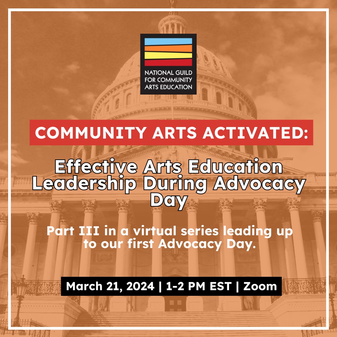 National Guild (@communityartsed) on Twitter photo 🌟 Join our webinar "Community Arts Activated, Part III" on March 21, 1 PM EST! Dive into effective arts education advocacy ahead of our 2024 conference in April and for use in your communities year-round. #CommunityArtsEd #AdvocacyDay
🔗 Register now: ow.ly/Ktqm50QOSK8 🌟 Join our webinar "Community Arts Activated, Part III" on March 21, 1 PM EST! Dive into effective arts education advocacy ahead of our 2024 conference in April and for use in your communities year-round. #CommunityArtsEd #AdvocacyDay
🔗 Register now: ow.ly/Ktqm50QOSK8