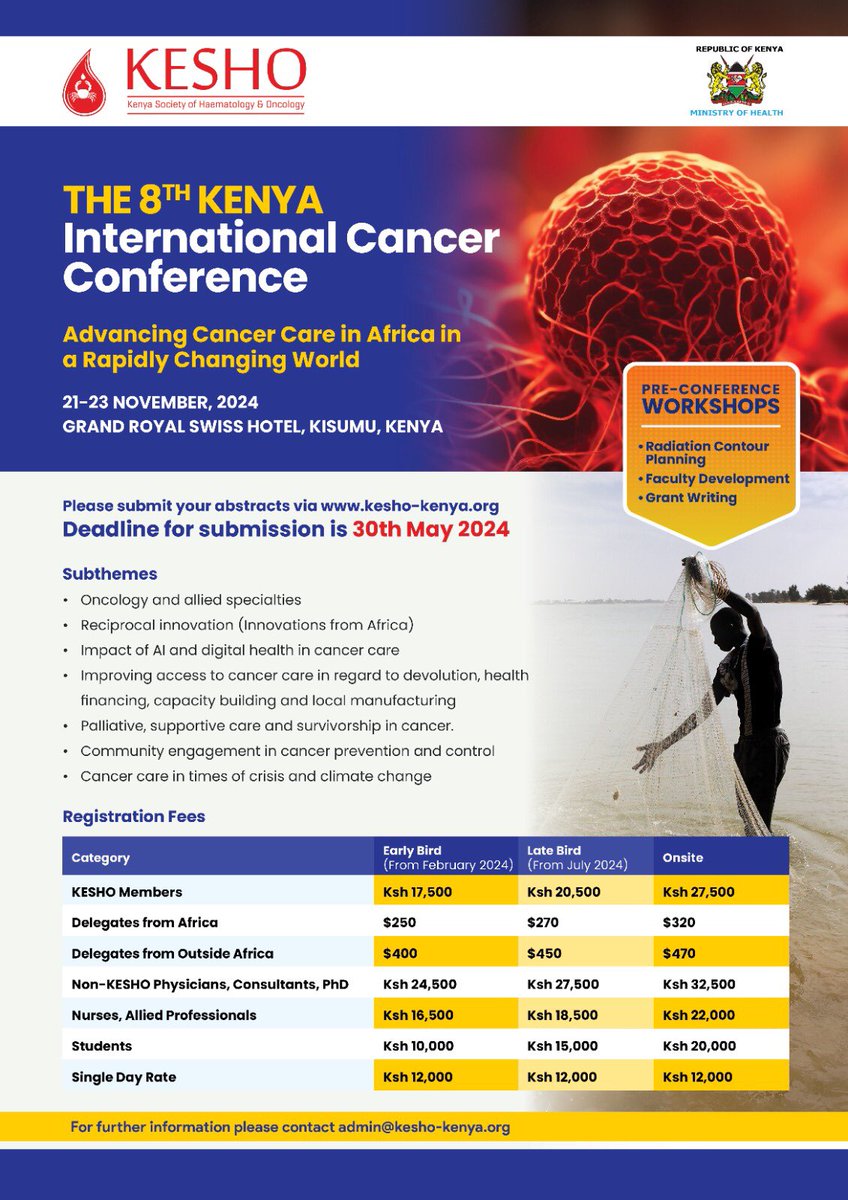 CALL FOR ABSTRACTS FOR KICC 2024! Hello there! Embark on a transformative journey at the Kenya International Cancer Conference #KICC2024 where innovation, collaboration and groundbreaking discoveries converge in the field of oncology. KESHO in partnership with @MOH_Kenya is
