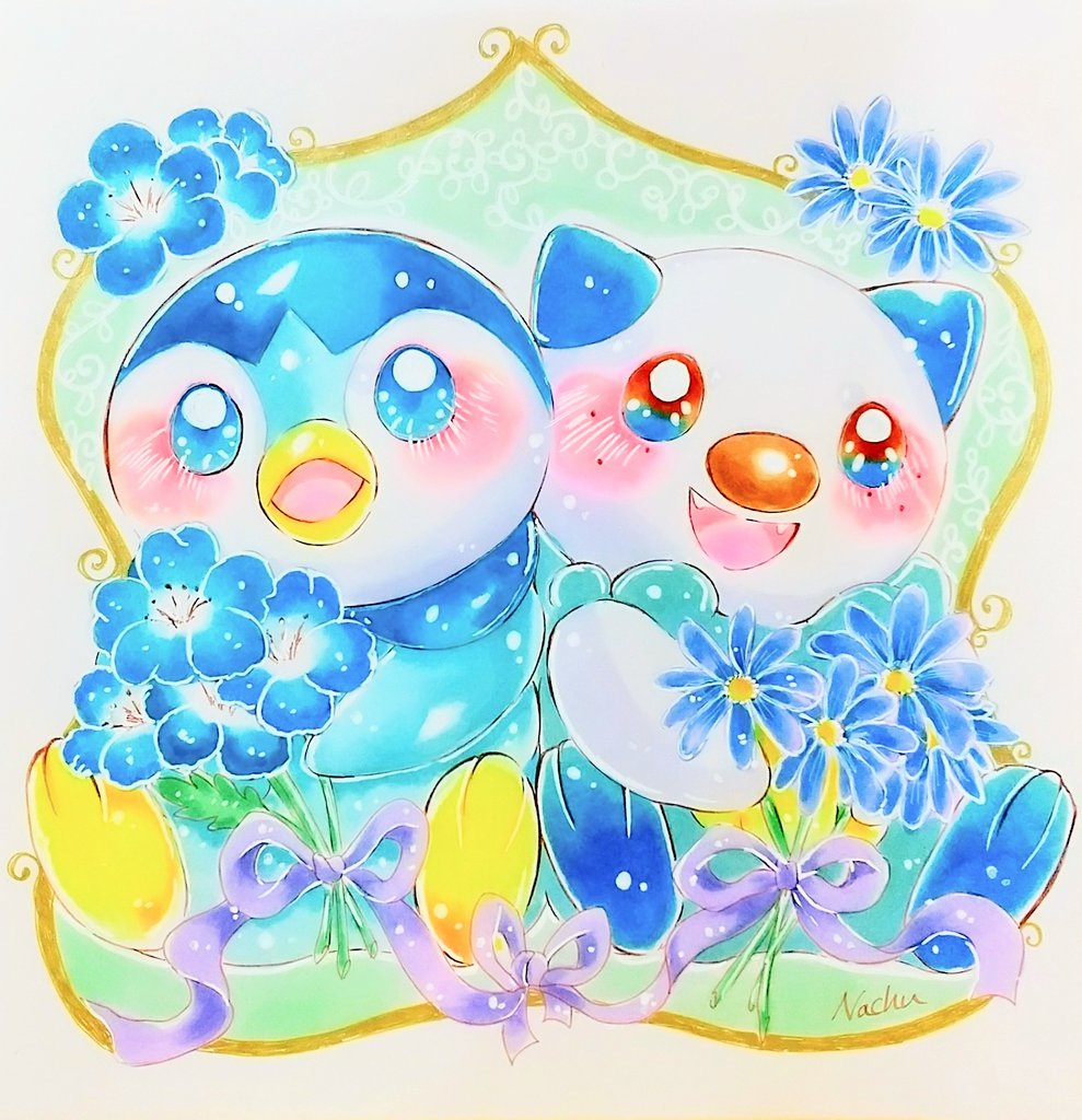 piplup no humans pokemon (creature) blush blue eyes open mouth flower smile  illustration images
