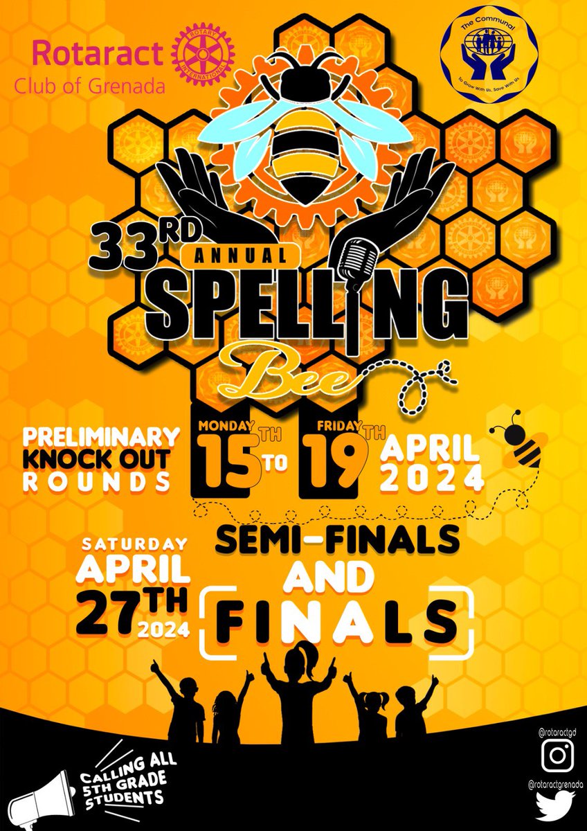 Somethings buzzing 🐝 
That’s right! Our annual spelling bee is BACK!! 
More details to come, please stay tuned for more updates! 

#SPELLINGBEE2024 #spellingbee #Rotaract #RotaractGrenada #DareToDream #ToServeIsToAct #CreateHopeInTheWorld #FellowshipThroughService
#District7030