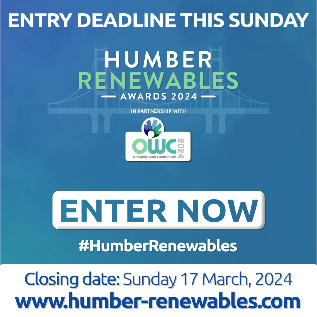 DON'T FORGET ... Entries close on Sunday for this year's #HumberRenewables Awards 2024. Enter online humber-renewables.com @RWE_UK @HumberMandR @OrstedUK @BostonairGroup @JohnRoeCars @HumberBizEd @davelaister @BlackrowGroup