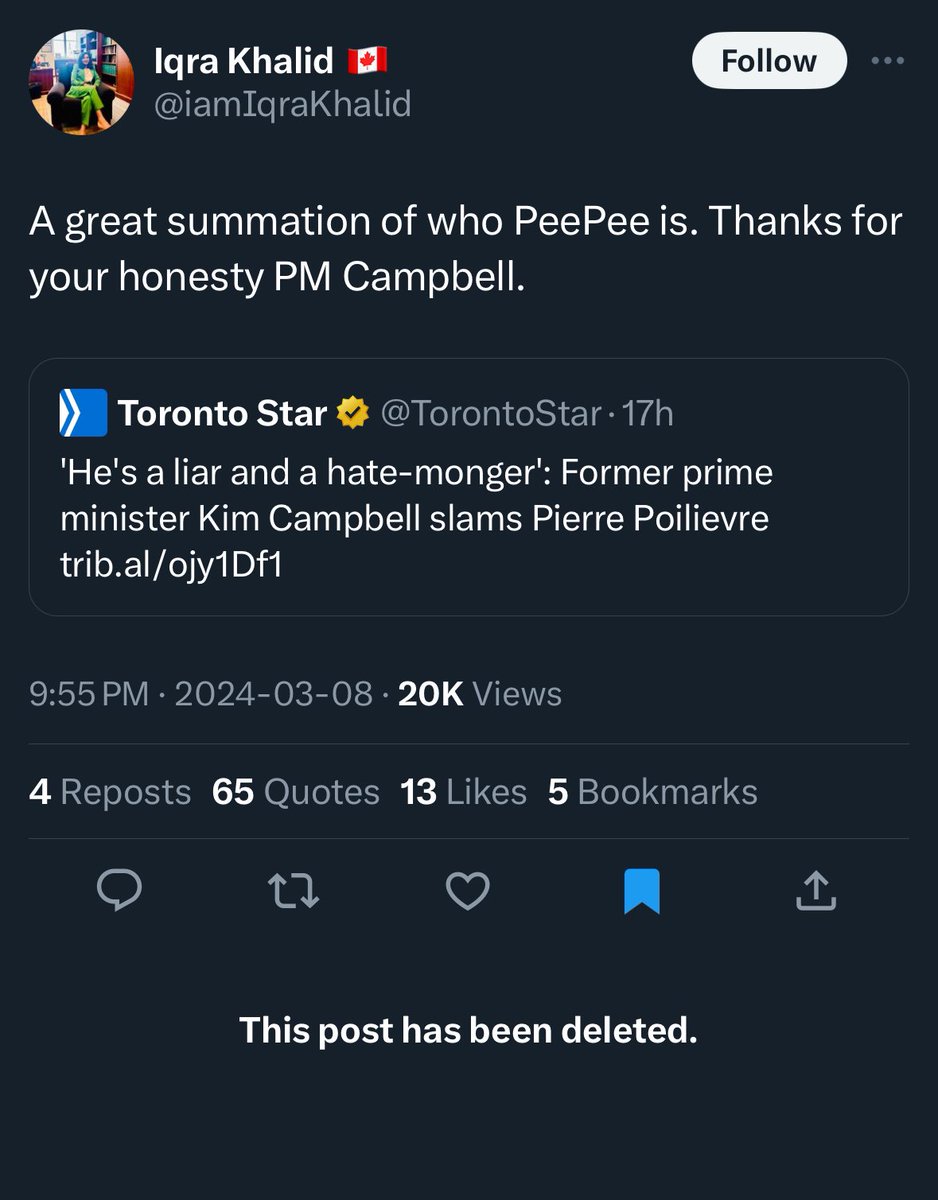 MP Iqra Khalid forgets the internet is forever. Deleting this post will only get her more exposure. More people will see just how immature & vile people within the Liberal party are.