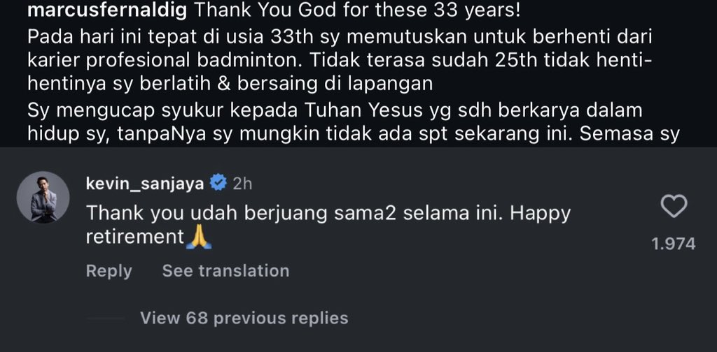 BadmintonTalk's tweet photo. "Thank you udah berjuang sama2 selama ini. Happy retirement🙏" 

-Kevin Sanjaya Sukamuljo https://t.co/hcFtyG7PUP