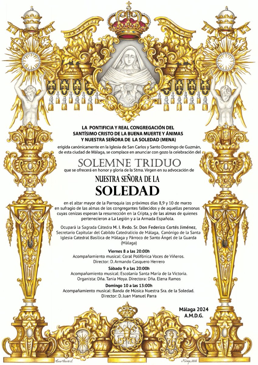 cofradiamena's tweet photo. Hoy, a las 20 horas, segundo día de triduo en honor a Nuestra Señora de la Soledad Coronada en el altar mayor de la parroquia de Santo Domingo. Intervendrá la escolanía Santa María de la Victoria y la organista Tania Moya. 

📷@JCarrascoPla 

#CofradiasMLG #Cuaresma #Cuaresma2024 https://t.co/GpG9EKXLrj