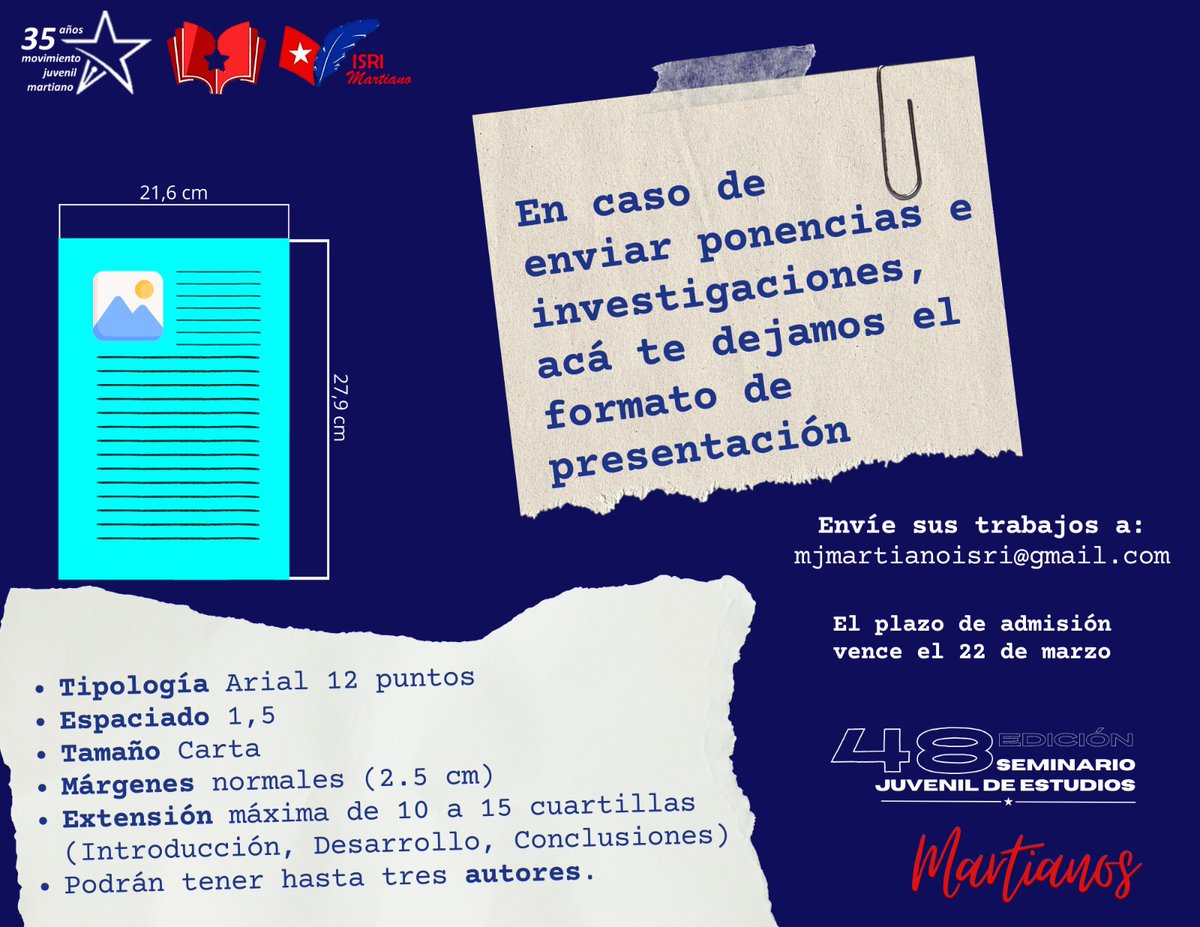 Solo faltan 24 días para la 48° Edición del Seminario Juvenil de Estudios Martianos del ISRI! 

 🌍✨ Prepárate para sumergirte en un mundo de conocimiento, debate y descubrimiento en el evento académico más esperado del año por la comunidad martiana.

 ¡No te lo puedes perder!