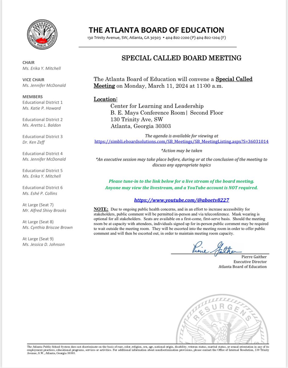 Special Called Board Meeting| Monday, March 11, 2024| Center for Learning and Leadership (130 Trinity Avenue, Atlanta, Georgia 30303)| 11:00 AM