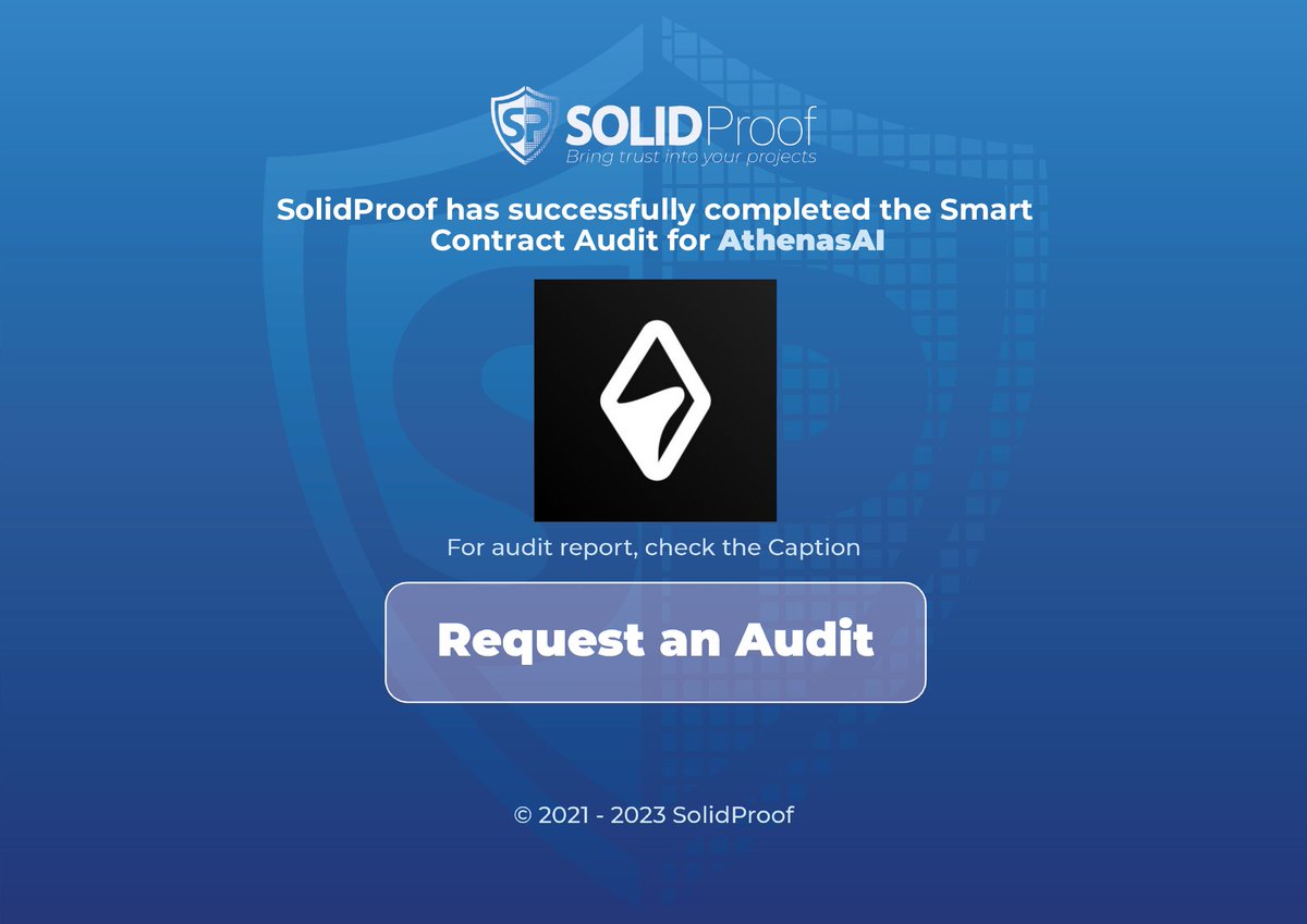 We are happy to announce that we have completed the smart contract audit for <a href="/Athenas_ai/">Athenas AI</a>

Need an audit?
solidproof.io/contact

Check out the full audit report here:
app.solidproof.io/projects/athen…

#SmartContracts #Blockchain