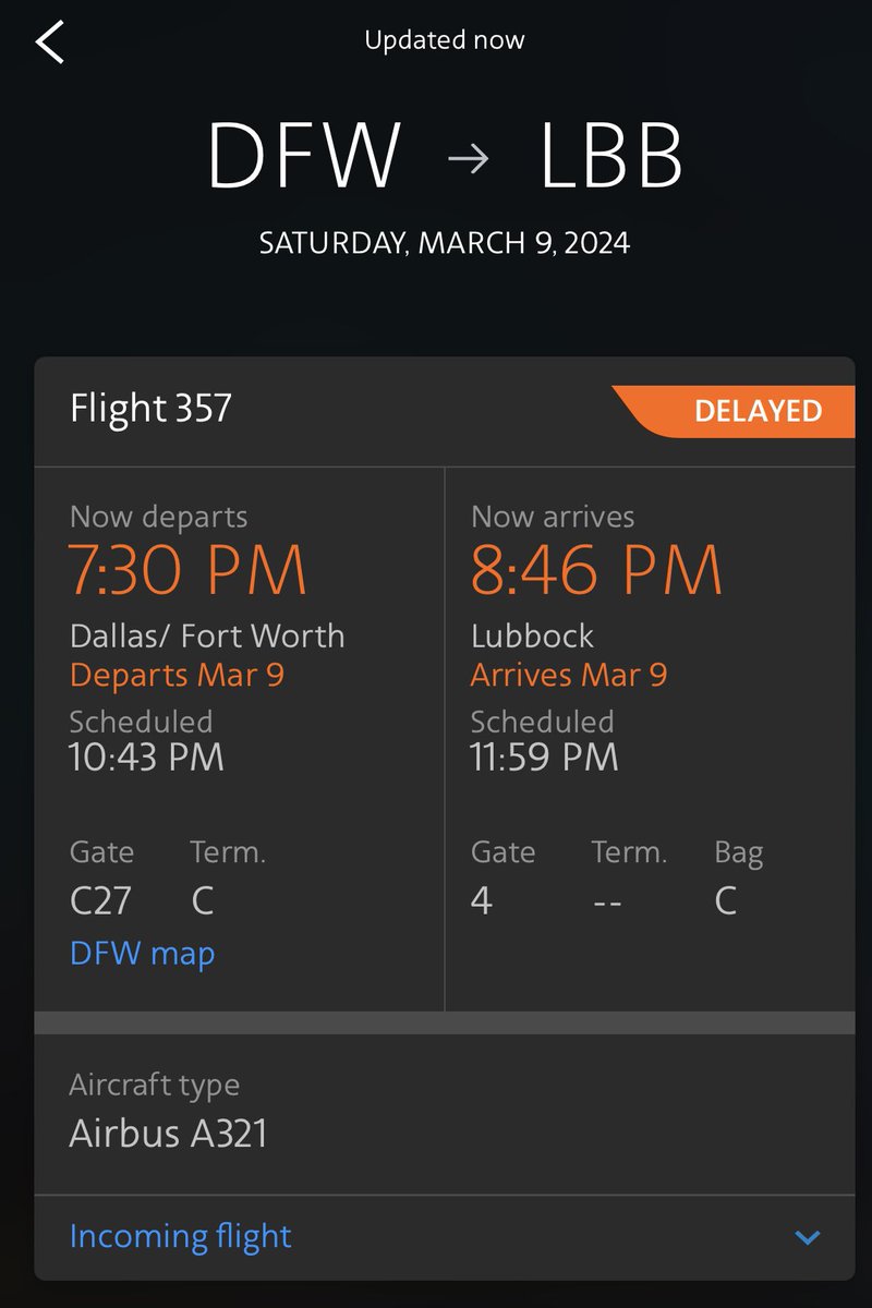 A 21 hour delay from @AmericanAir busiest hub to a city 5.5 hours by car from DFW. It’s the first weekend of spring break too. Why would this flight not cancel?