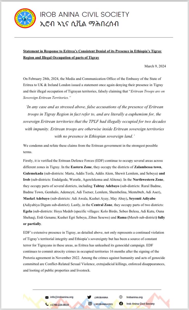 IrobAnina's tweet photo. Joint Statement of CSOs in Response to #Eritrea’s Consistent Denial of its Presence in Ethiopia’s #Tigray Region and Illegal Occupation of parts of Tigray⬇️
#EriteaOutOfTigray 
@reda_getachew @PMEthiopia @MikeHammerUSA @_AfricanUnion @EUSR_Weber @HannaTetteh @AUC_MoussaFaki