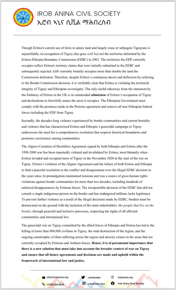 IrobAnina's tweet photo. Joint Statement of CSOs in Response to #Eritrea’s Consistent Denial of its Presence in Ethiopia’s #Tigray Region and Illegal Occupation of parts of Tigray⬇️
#EriteaOutOfTigray 
@reda_getachew @PMEthiopia @MikeHammerUSA @_AfricanUnion @EUSR_Weber @HannaTetteh @AUC_MoussaFaki
