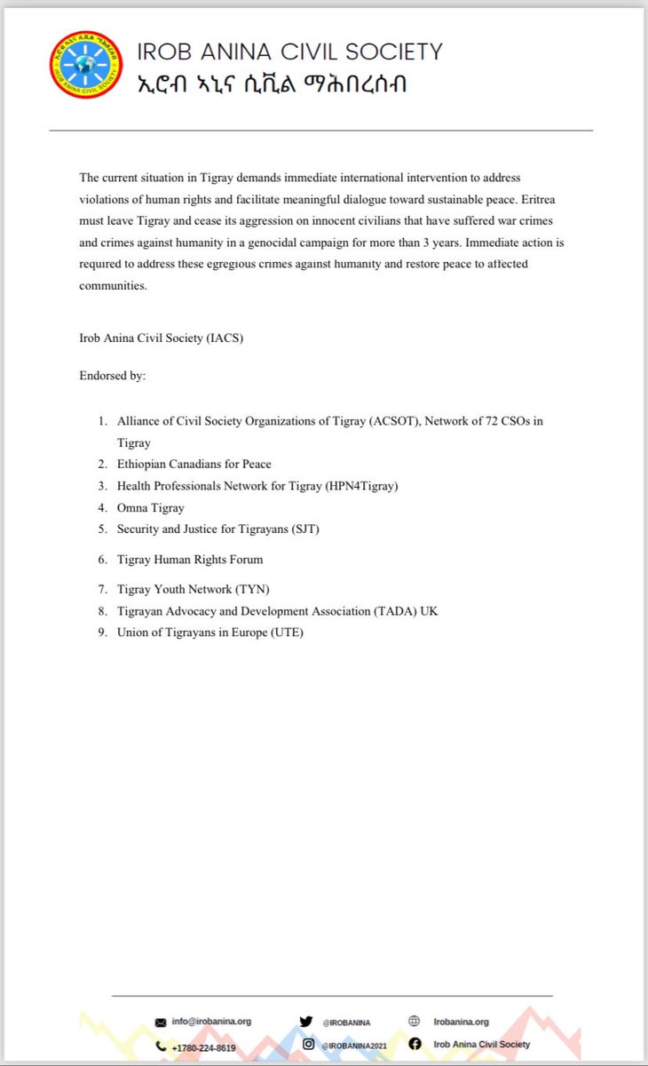 IrobAnina's tweet photo. Joint Statement of CSOs in Response to #Eritrea’s Consistent Denial of its Presence in Ethiopia’s #Tigray Region and Illegal Occupation of parts of Tigray⬇️
#EriteaOutOfTigray 
@reda_getachew @PMEthiopia @MikeHammerUSA @_AfricanUnion @EUSR_Weber @HannaTetteh @AUC_MoussaFaki