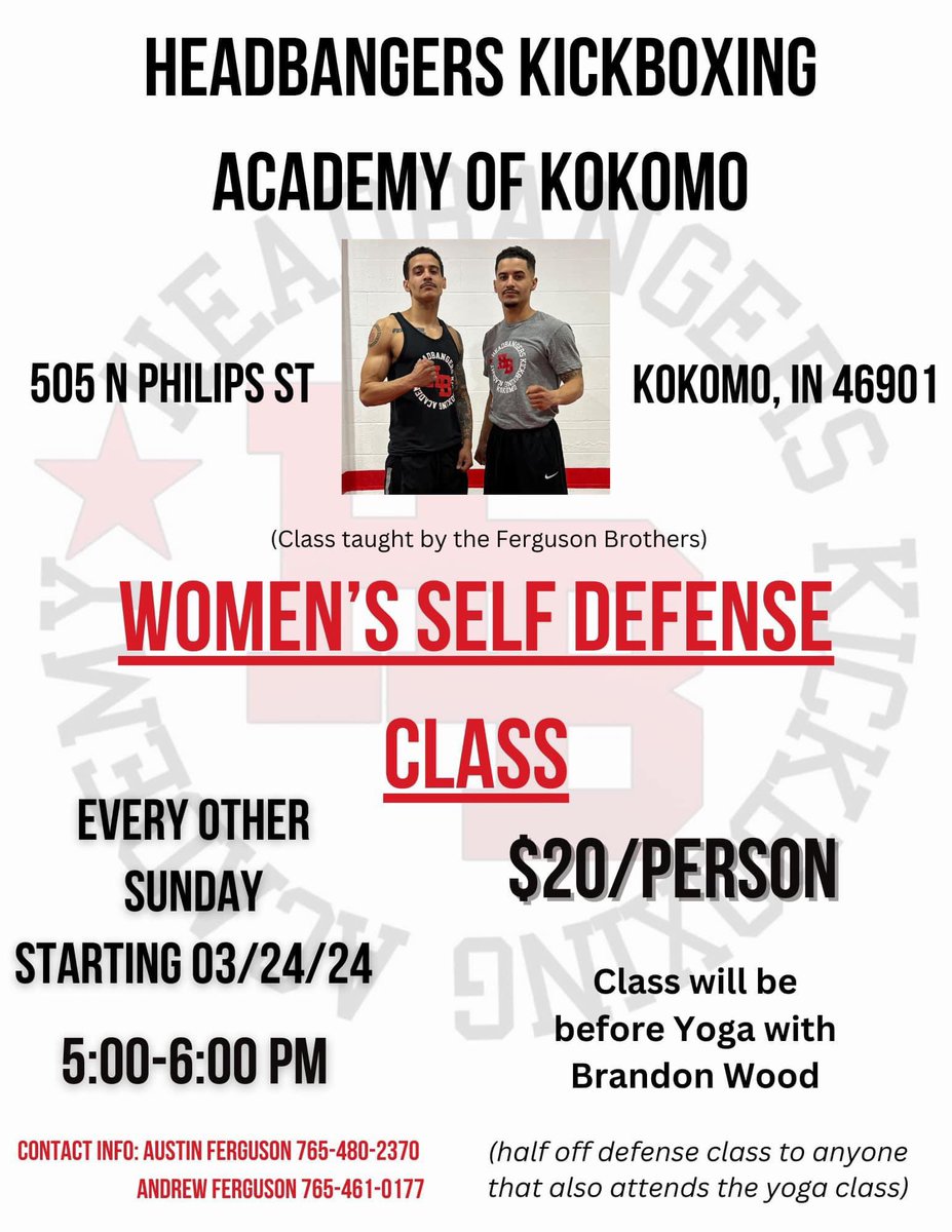 NEW Women’s Self Defense Class at Headbangers Kickboxing Academy of Kokomo beginning MARCH 24TH! 💪🏽 Spread The Word! 🗣️