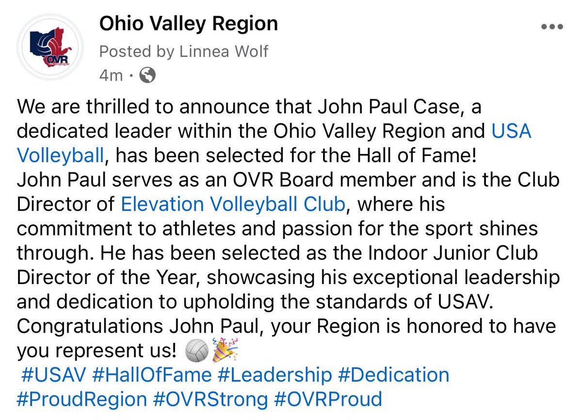John Paul Case (Ohio Valley Region), Director of the <a href="/ElevationVBC/">Elevation</a>, has been named Indoor Junior Club Director of the Year.

 #USAV #HallOfFame #Leadership #Dedication #ProudRegion #OVRStrong #OVRProud

Full press release can be found here: usavolleyball.org/story/usa-voll…