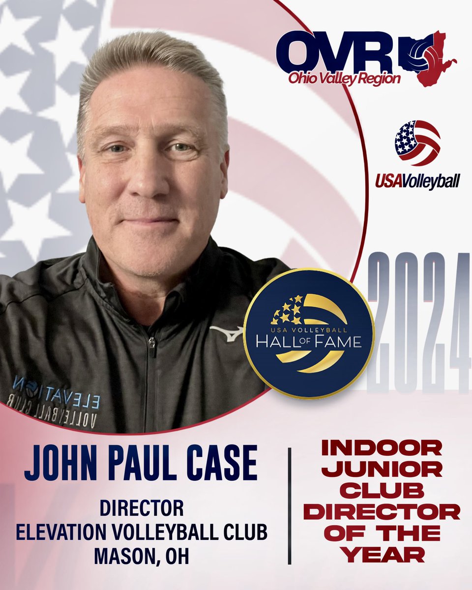 OVRVolley's tweet photo. John Paul Case (Ohio Valley Region), Director of the @ElevationVBC, has been named Indoor Junior Club Director of the Year.

 #USAV #HallOfFame #Leadership #Dedication #ProudRegion #OVRStrong #OVRProud

Full press release can be found here: https://t.co/zlL1lplXBk https://t.co/XjjZluH0Ar