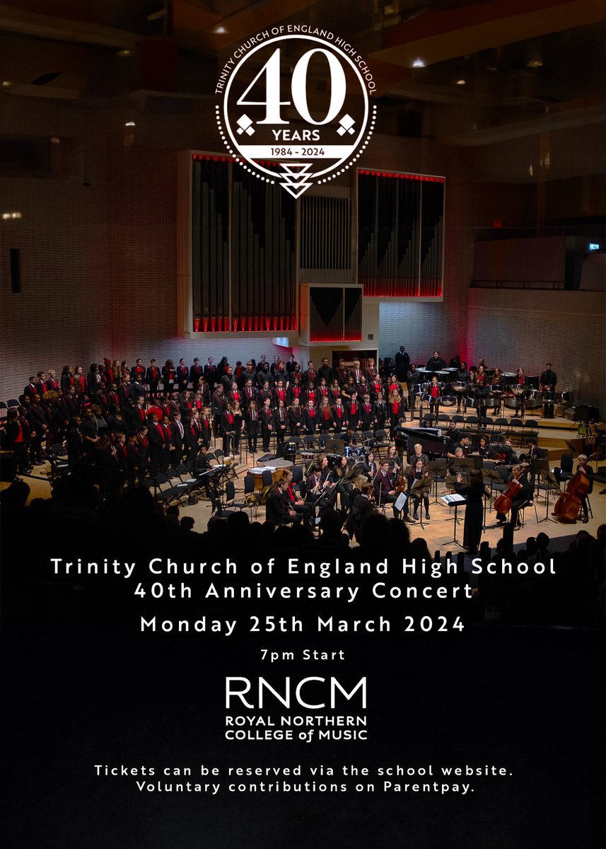 Excited for our upcoming 40th Anniversary Concert @rncmlive on 25th March 7pm, with music celebrating 40 years as @TrinityHighMcr community🎂🎂🎂🎂Performers should check ClassCharts for details. Tickets can be reserved via the booking link on our website trinityhigh.com