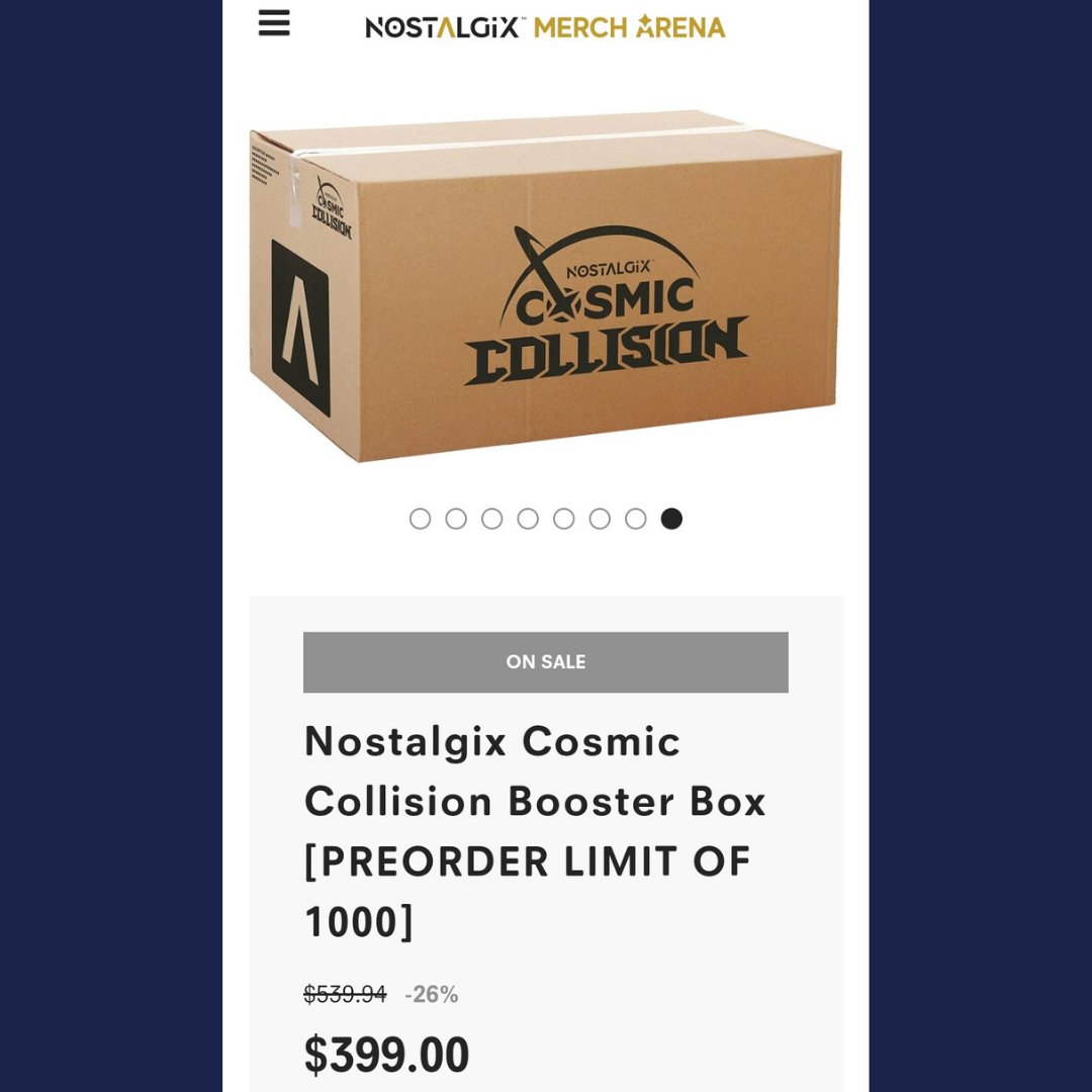 RensCollectible's tweet photo. Have you gotten your preorder in Cosmic Collision yet? What are you waiting for?! Preorders run until the end of March and these products WONT BE REPRINTED!!! These are limited items, so whatever you order is all that there is. Grab some so you don't miss out!!

#nostalgix #tcg https://t.co/OhLtMeLCsg