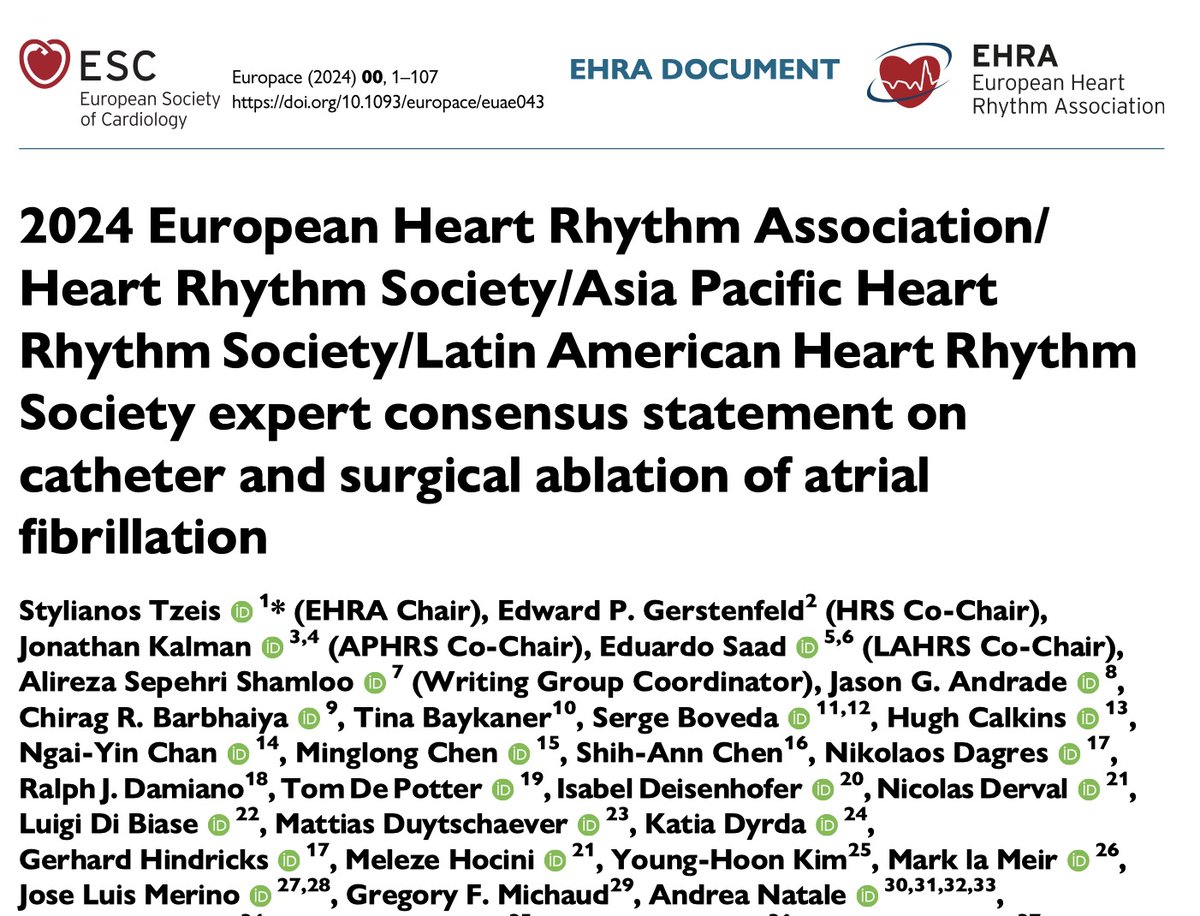 Don't miss out on the unveiling of the new EHRA/HRS/APHRS/LAHRS consensus on AF ablation at #EHRA2024 congress! Discover new indications, state-of-the-art techniques, pre/post management, and much more in a dedicated session.