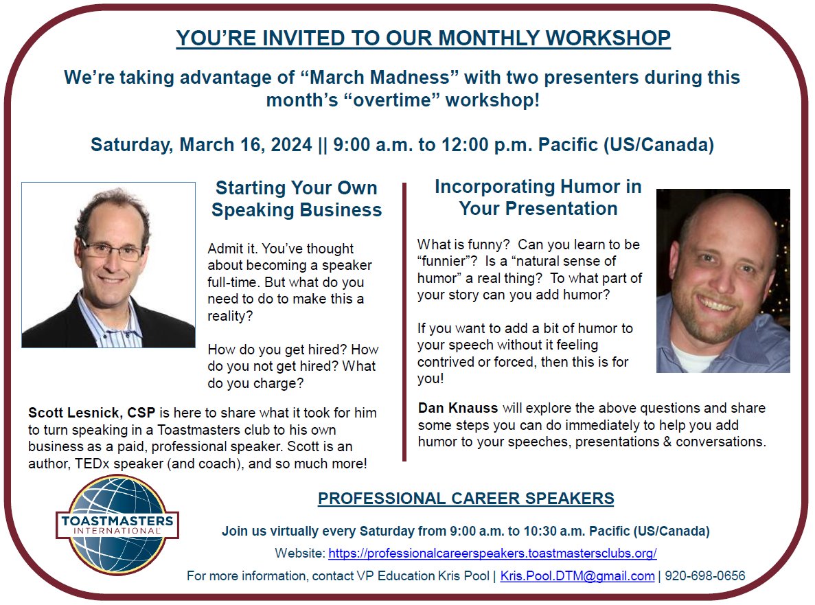 KrisPoolDTM's tweet image. Professional Career Speakers is going into OVERTIME on 3-16-24. Two speakers for the low price of zero money! 

Zoom link is available on our club website: …lcareerspeakers.toastmastersclubs.org