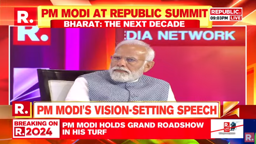 republic's tweet photo. #PMModiAtRepublicSummit | Prime Minister Narendra Modi's (@narendramodi) vision-setting speech at India's biggest news event- #RepublicSummit
Tune in here to watch: https://t.co/jRLjjVrcSN
#PMModi #Republic #BharatTheNextDecade https://t.co/7zBIapK9gu