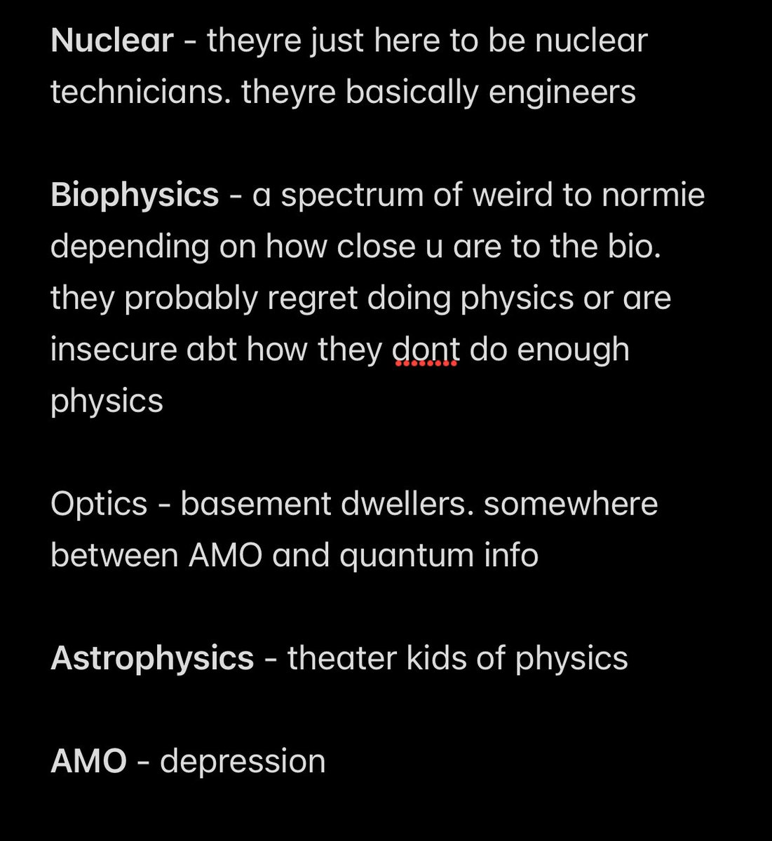 rating physics subfields