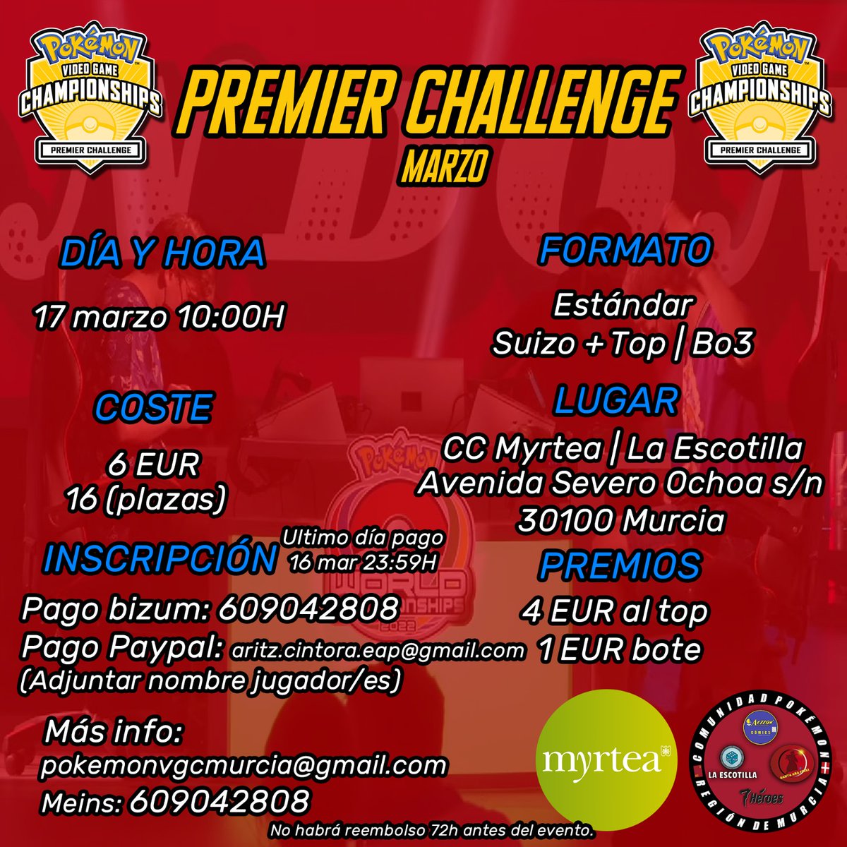 MeinstrimVGC's tweet image. Mi primer PREMIER CHALLENGE!! El día 17 de Marzo en @Escotillajuegos

📅DOMINGO 17 DE MARZO
🗺️La Escotilla, Murcia (Centro comercial Myrtea)
@Escotillajuegos
💰6€ 
🎮Pokémon Escarlata y Púrpura, VGC reg F

Límite 16 plazas, preinscripción en el siguiente tweet , más info MD!