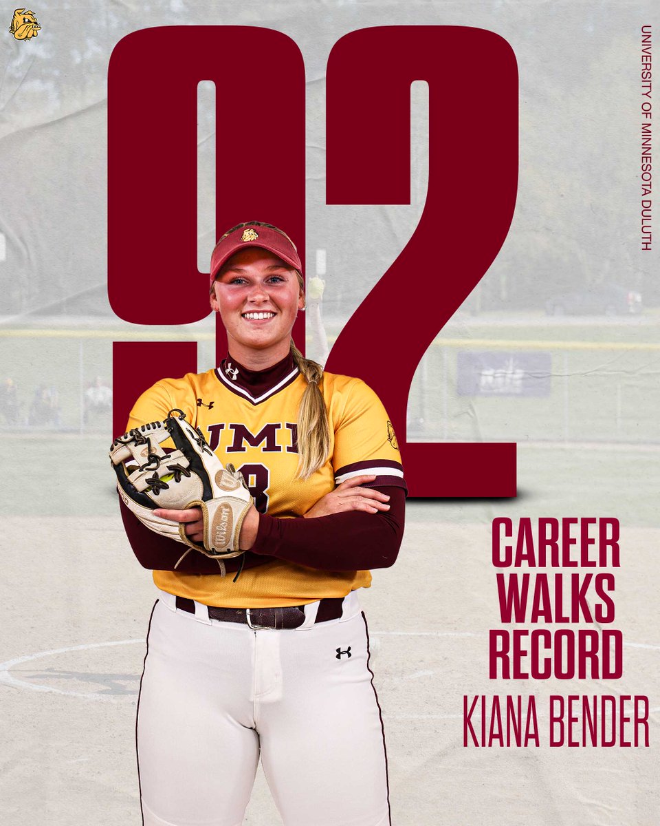 ICYMI: Senior infielder Kiana Bender broke the UMD softball record for career walks yesterday, picking up 92 against Saint Anselm. Bender surpassed former Bulldog great Jordyn Thomas, who had 91 career walks between 2018-2022.