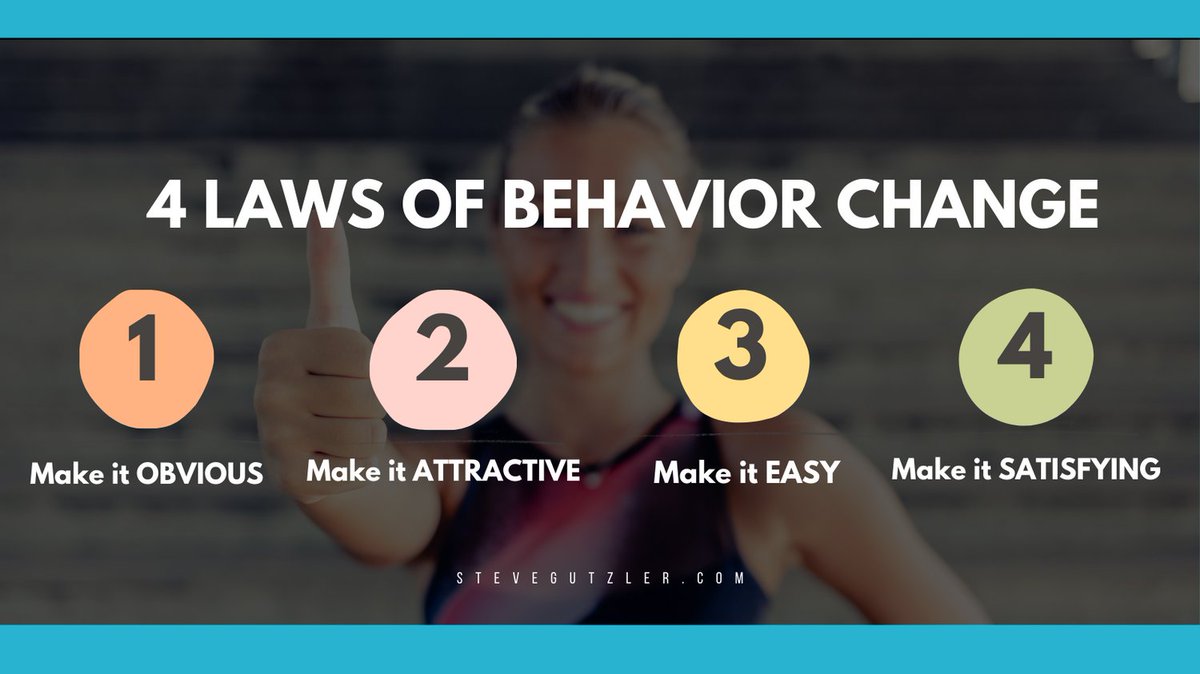 SteveGutzler's tweet image. Unlock the power of transformation with the 4 Laws of Behavior Change: Make it obvious, make it attractive, make it easy, and make it satisfying. 

Start shaping your habits for success today! 

#BehaviorChange #HabitFormation #SuccessMindset