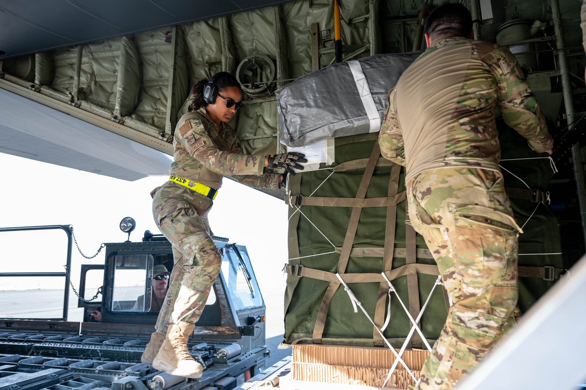 CENTCOM's tweet photo. March 9 USCENTCOM Conducts Humanitarian Airdrops into Gaza
U.S. Central Command conducted a humanitarian assistance airdrop into Northern Gaza on March 9, 2024, at 2:18 p.m. (Gaza time) to provide essential relief to civilians affected by the ongoing conflict.
The joint operation included U.S. Air Force C-130 aircraft and U.S. Army Soldiers specialized in aerial delivery of U.S humanitarian assistance supplies.
U.S. C-130s dropped over 41,400 U.S. meal equivalents and 23,000 bottles of water into Northern Gaza, an area of great need, allowing for civilian access to the critical aid.
The DoD humanitarian airdrops contribute to ongoing U.S. and partner-nation government efforts to alleviate human suffering. These airdrops are part of a sustained effort, and we continue to plan follow on aerial deliveries.