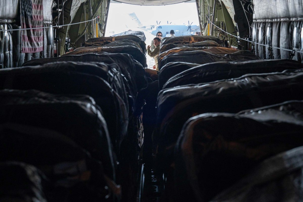 CENTCOM's tweet photo. March 9 USCENTCOM Conducts Humanitarian Airdrops into Gaza
U.S. Central Command conducted a humanitarian assistance airdrop into Northern Gaza on March 9, 2024, at 2:18 p.m. (Gaza time) to provide essential relief to civilians affected by the ongoing conflict.
The joint operation included U.S. Air Force C-130 aircraft and U.S. Army Soldiers specialized in aerial delivery of U.S humanitarian assistance supplies.
U.S. C-130s dropped over 41,400 U.S. meal equivalents and 23,000 bottles of water into Northern Gaza, an area of great need, allowing for civilian access to the critical aid.
The DoD humanitarian airdrops contribute to ongoing U.S. and partner-nation government efforts to alleviate human suffering. These airdrops are part of a sustained effort, and we continue to plan follow on aerial deliveries.