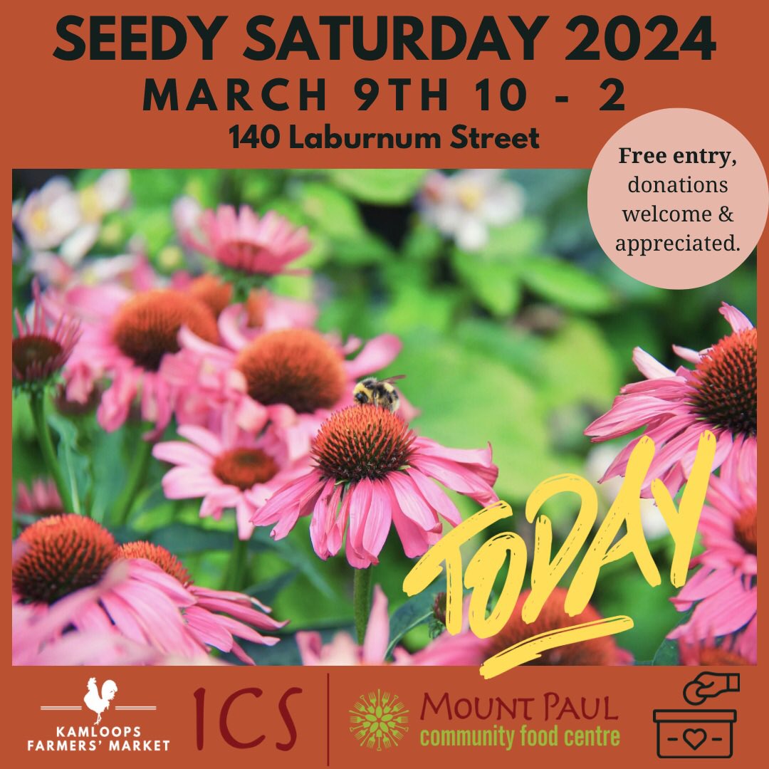 KamloopsFarmMkt's tweet photo. Today’s the day! Kamloops Seedy Saturday 2024 is happening today March 9th from 10 AM to 2 PM at the Mount Paul CFC (140 Laburnum Street ) on the @NorthShoreBIA..
Come join in the growing change!
#KamloopsSeedySaturday #SeedySaturday #YKAStrong https://t.co/7cniQBgZQm