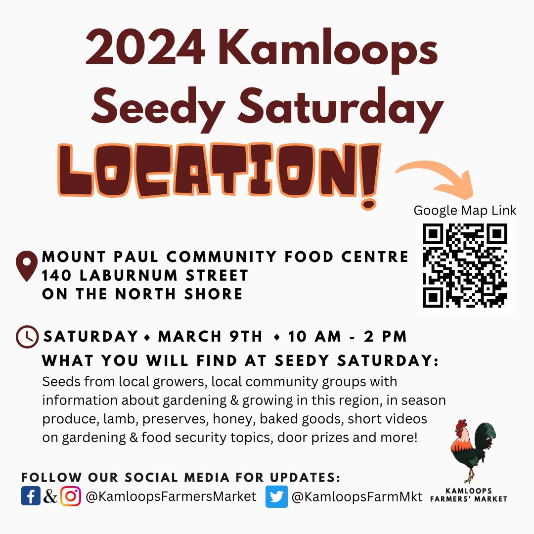 KamloopsFarmMkt's tweet photo. Today’s the day! Kamloops Seedy Saturday 2024 is happening today March 9th from 10 AM to 2 PM at the Mount Paul CFC (140 Laburnum Street ) on the @NorthShoreBIA..
Come join in the growing change!
#KamloopsSeedySaturday #SeedySaturday #YKAStrong https://t.co/7cniQBgZQm