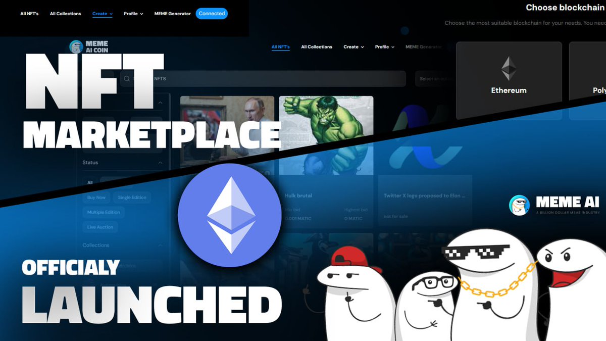 Memeaicoin's tweet photo. 💥EXCITING NEWS ALERT💥

Our NFT marketplace has officially launched on the Ethereum chain! 

- Auctions
- Create Collections
- Create Single NFTs
- ERC-721 Support
- ERC-1155 Support

https://t.co/ql1bklNYk5 

#MEMEAICOIN #MEMEAI #MEMEAIARMY https://t.co/CeMftXLRQi
