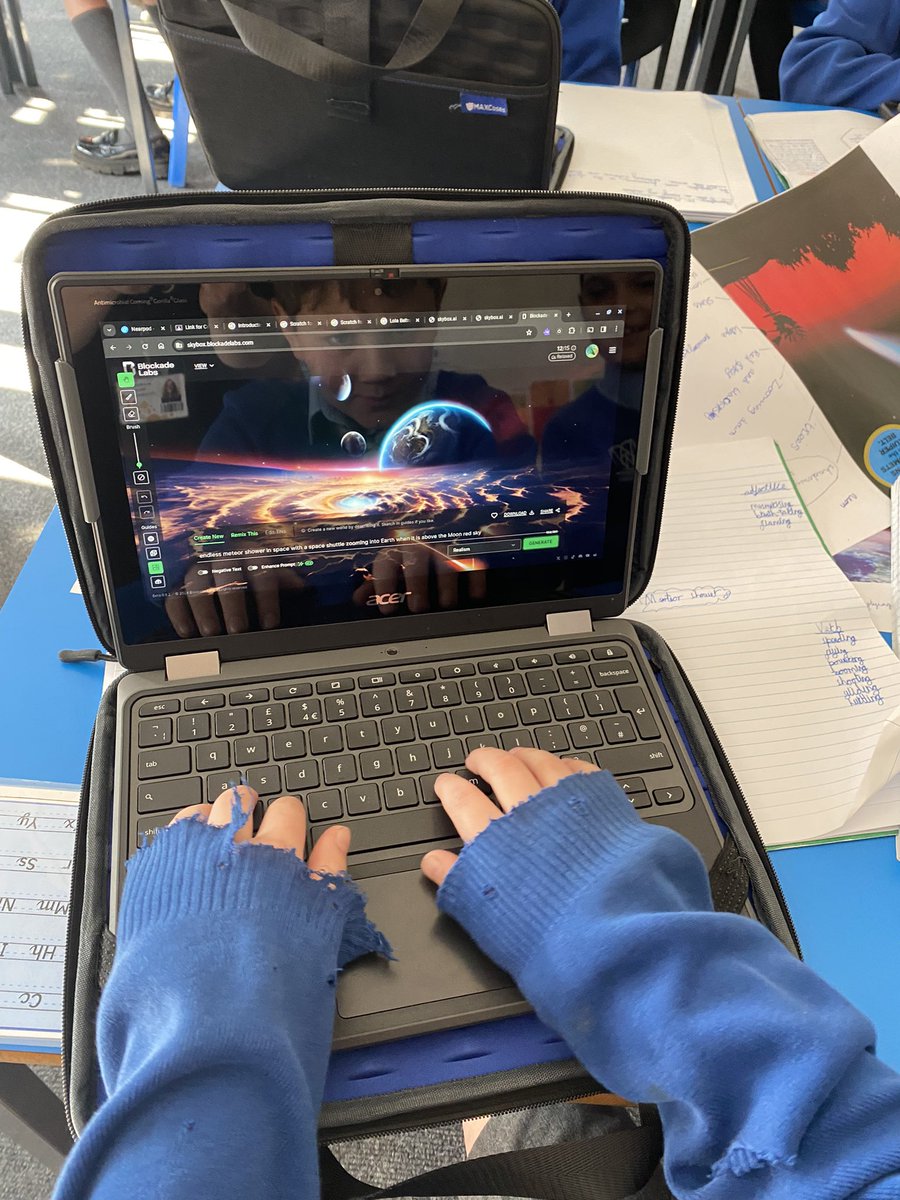 Year 5 immersed themselves in a meteor shower using the Now Press Play Story Starter and soundscape “Emergency On The Moon” before collaboratively building vocabulary and creating their own AI setting image. Can’t wait for the descriptive writing to follow on Monday! #WeAreLEO